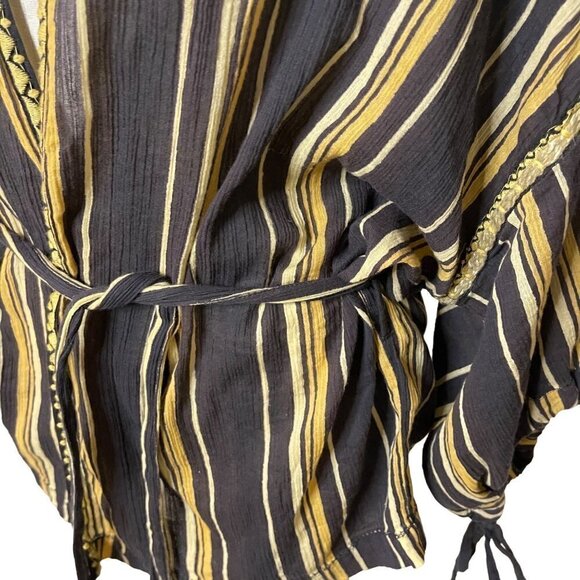 Teoh & Lea Womens Top Size Large Striped Embroidered Belted Gray Yellow Cotton - Picture 6 of 16